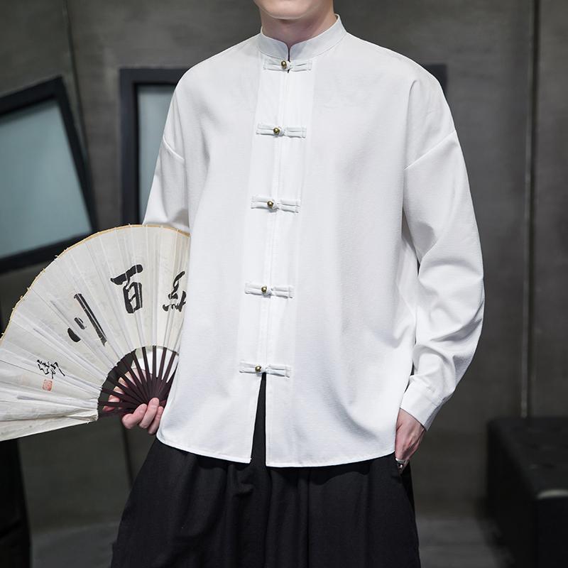 Chinese Tang Suit Men's Long-Sleeved Shirt, Cool and Comfortable for Autumn, Retro Button-Up Style, Hanbok Style, Sizes Available.
