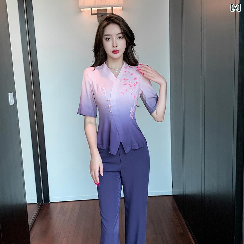 美容系 サロン 制服 接客 ユニフォーム レディース パープルグラデーション キレイ目 カジュアル パンツ セットアップ おしゃれ 大きめサイズ secure-depo-11060454 セキュアデポ サンプル画像2