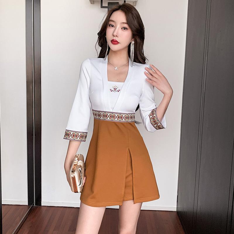 Rakuten - 美容系 サロン 制服 接客 ユニフォーム レディース エスニック風 シンプル フレア ワンピース インナーパンツセット おしゃれ ハイウエスト 脚長効果
