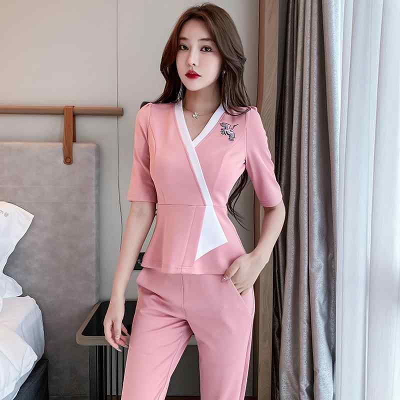 美容系 サロン 制服 接客 ユニフォーム レディース 大人 キレイ目 クール バイカラー パンツ セットアップ シンプル おしゃれ 快適 快適 プリーツ