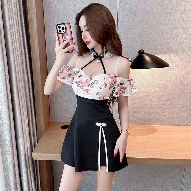 美容系 サロン 制服 接客 ユニフォーム レディース オフショル シフォン フレア ドレス フェミニン おしゃれ かわいい キレイ目 快適 ワンピース