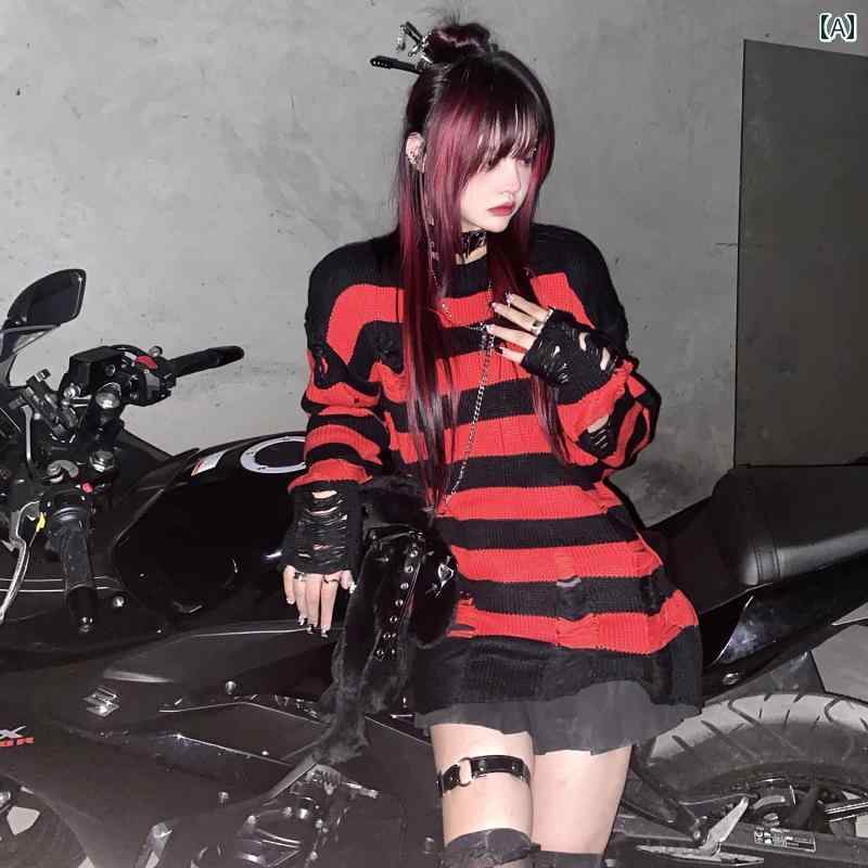 セーター ボーダー ストライプ 赤黒 破れ 穴 ダメージ加工 オーバーサイズ 大きいサイズ ロング アシンメトリー 長袖 ストリート 冬 カジュアル