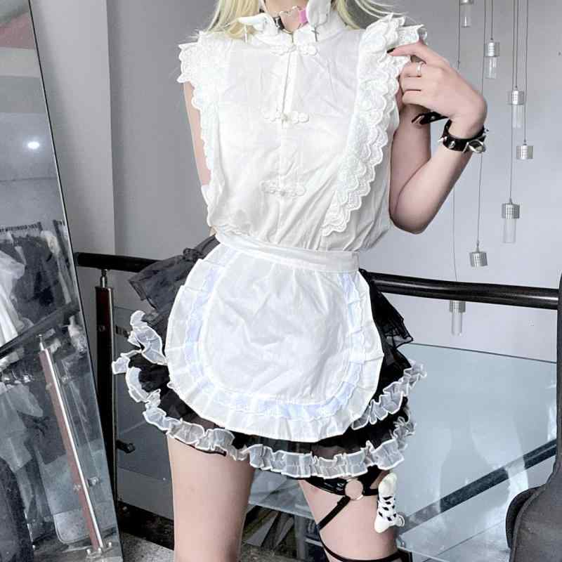 メイド エン チャイナ風 フリル ノースリーブ ボタンアップ 白黒 かぼちゃパンツ 衣装 イベント 仮装 かわいい