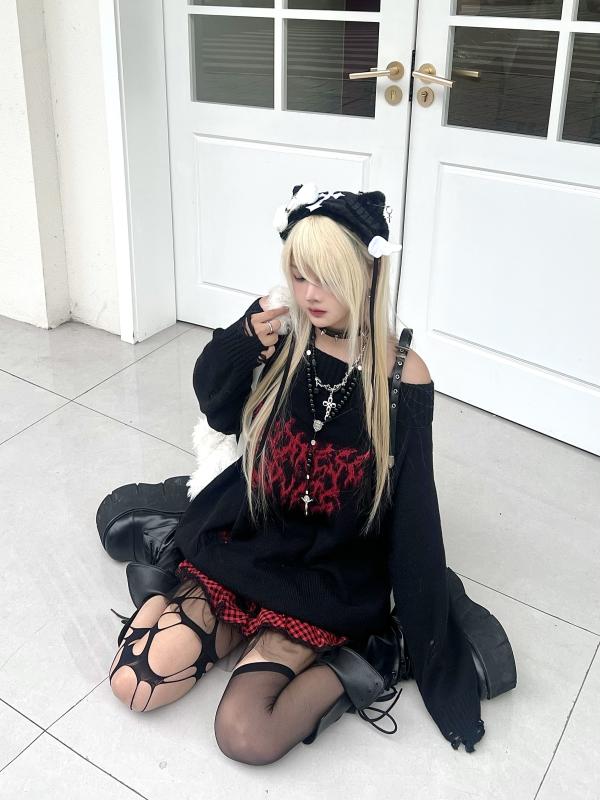 ニットセーター ゴシック ワンショルダー パンク ダーク インディーズ 長袖 トップス アシンメトリー ..