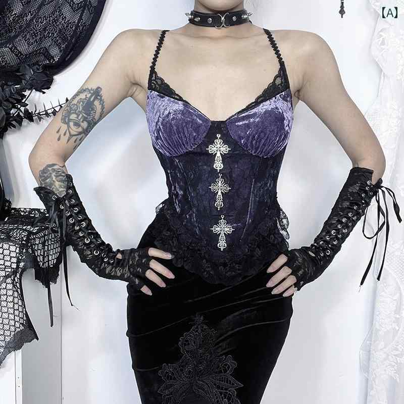 キャミソール ハロウィン コスチューム ビスチェ ベロア生地 ゴシック レース パープル 紫 サスペンダー ブラジャー セクシー ギャル 魅惑 コスプレ 十字架 フィット感