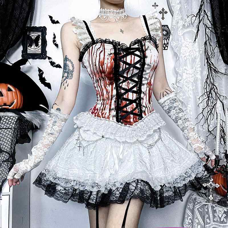 ハロウィン コスチューム ホワイト レディース キャミソール 衣装 ロリータスカート トップス 仮装 イベント コスプレ レース ホラー パーティー リボン