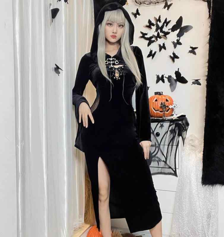 ワンピース ゴシック ハロウィン コスチューム セットアップ レディース 起毛 ドレス フード ショート キャミソール パーティー セクシー 2点 重ね着 イベント ツーウェイ