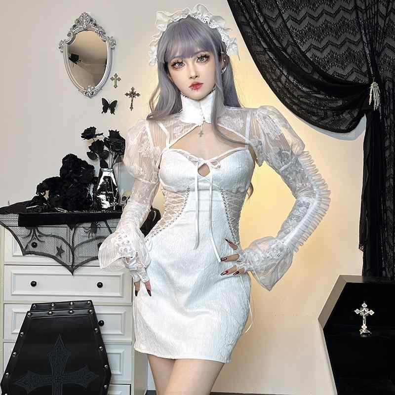 ワンピース ゴシック ハロウィン コスチューム レース ホワイト ドレス タイトドレス スーツ レディース ゴスロリ 地雷 サスペンダー 2点セット 衣装 セクシー クラブ ナイトアウト 看護婦衣装 看護師