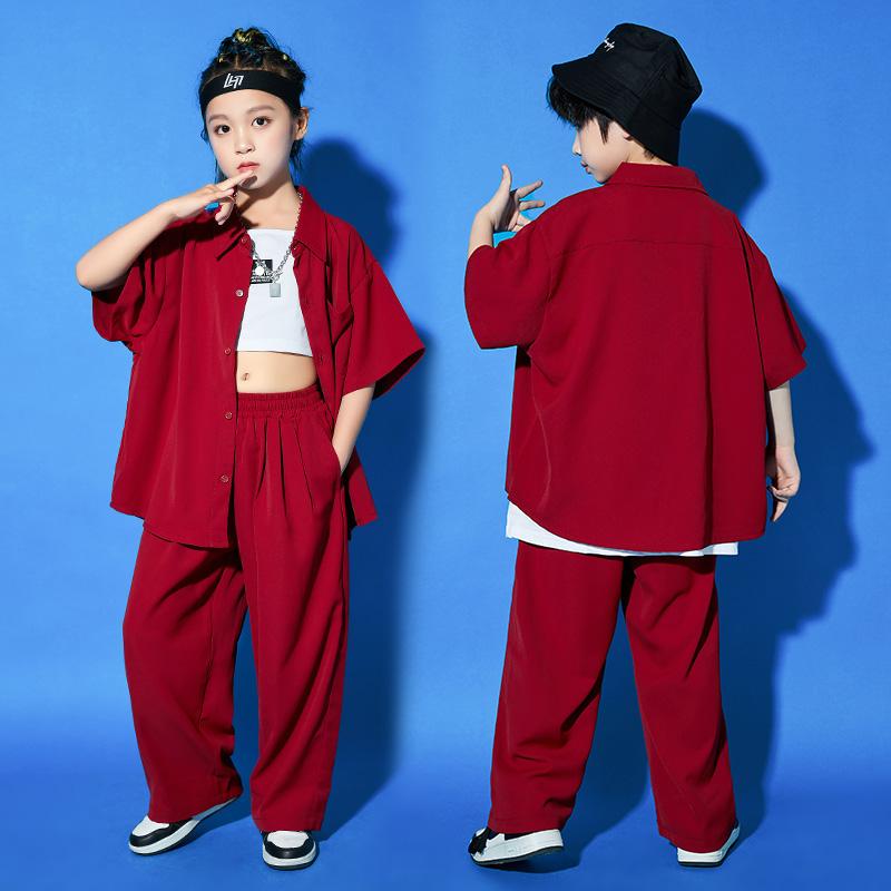 ストリート ダンス 子供 キッズ服 ヒップホップ メンズ レディース兼 セットアップ ワインレッド 華やか 男の子 パフォーマンス 女の子 ジャズ かっこいい シャツコーデ