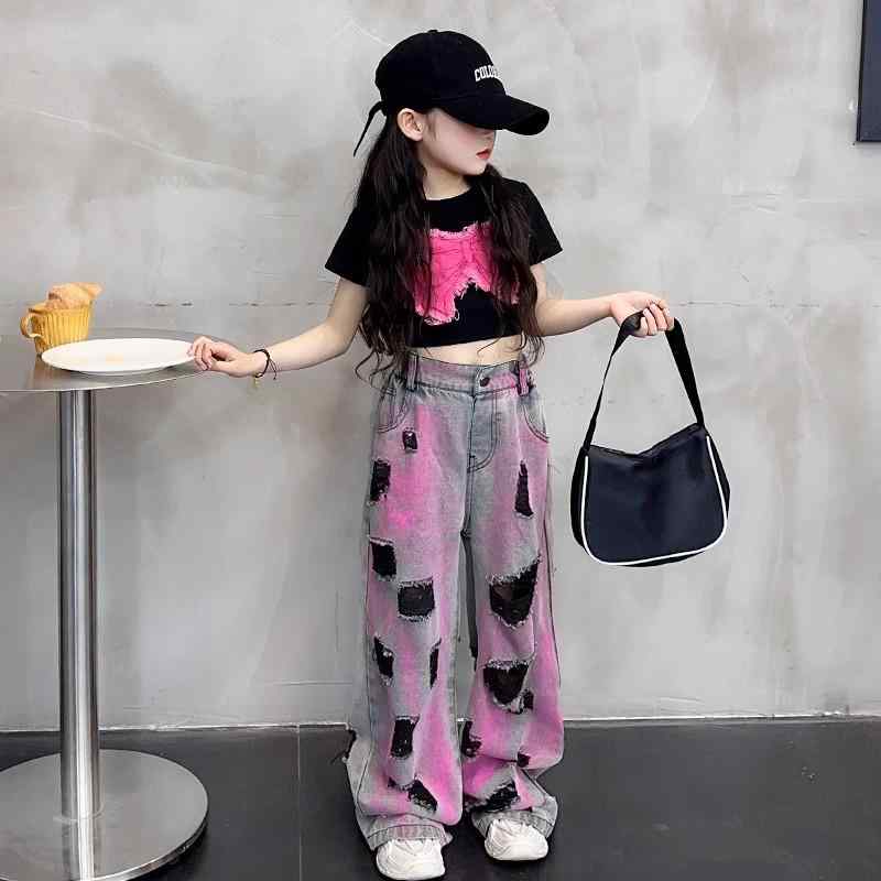 子供服 女の子 キッズ ジャズ ダンス 衣装 ダメージジーンズ ピンク ギャル 女の子 夏 フェス ストリート セットアップ