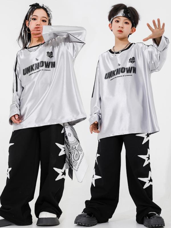 子供服 キッズ ダンスウェア シルバー 動きやい ユニセックス ストリート ヒップホップ パフォーマンス セットアップ ステージ アクティブ