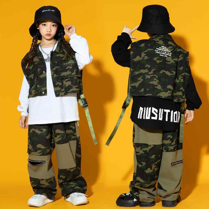 ストリート ダンス 子供 服 男の子 女の子 ヒップホップ パンツ 迷彩 ベスト ズボン セット パフォーマンス 個性派 長袖