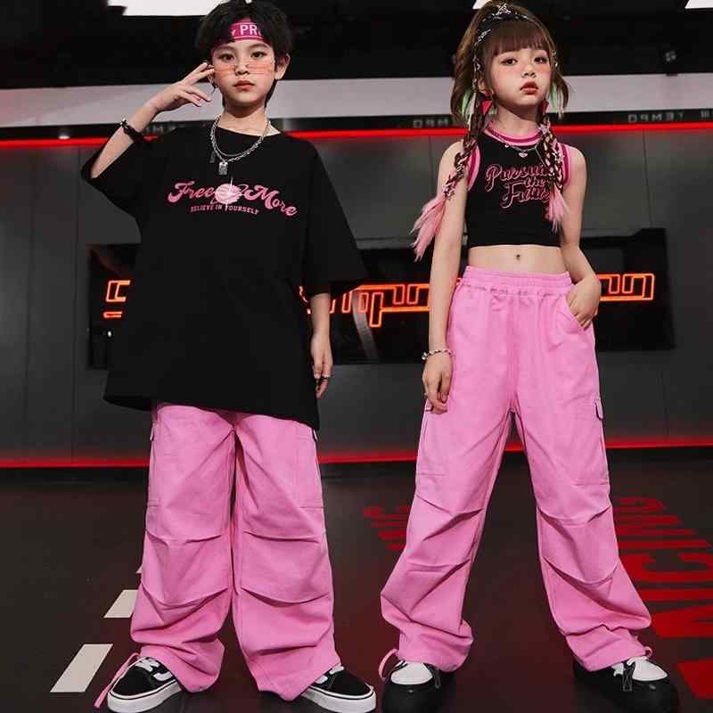 子供 ヒップホップ 服 ピンク パンツ セット 男の子 プリント 黒 Tシャツ カジュアル 女の子 パフォー..