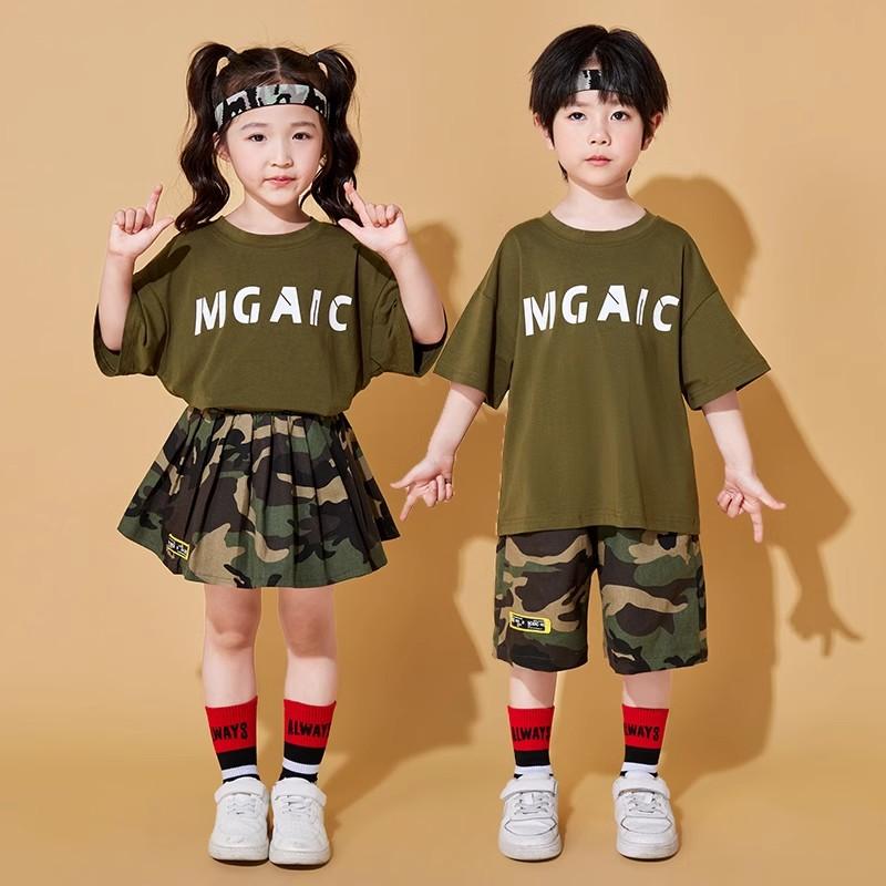 子供 チアリーディング ダンス コーラス 衣装 小学生 カモフラージュ柄 カジュアル クール おしゃれ ストリート