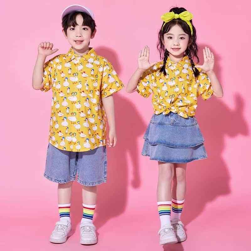 キッズ 小学生 子供 チアリーディング 衣装 シャツ デニム スカート イベント ステージ パフォーマンス ユニフォーム