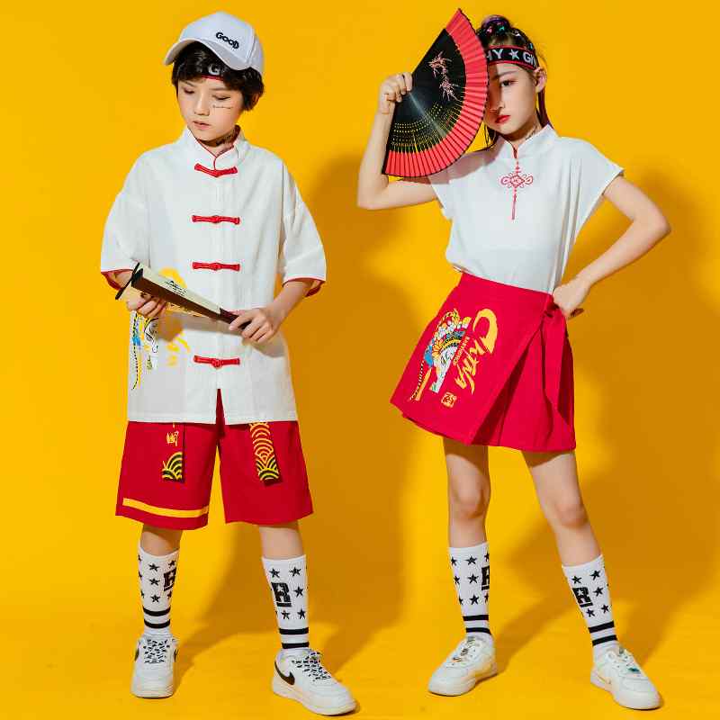 セットアップ 幼稚園 合唱団 制服 コスチューム パフォーマンス 衣装 子供服 伝統 中国 漢服 男の子 女の子 チャイナ風 ホワイト レッド