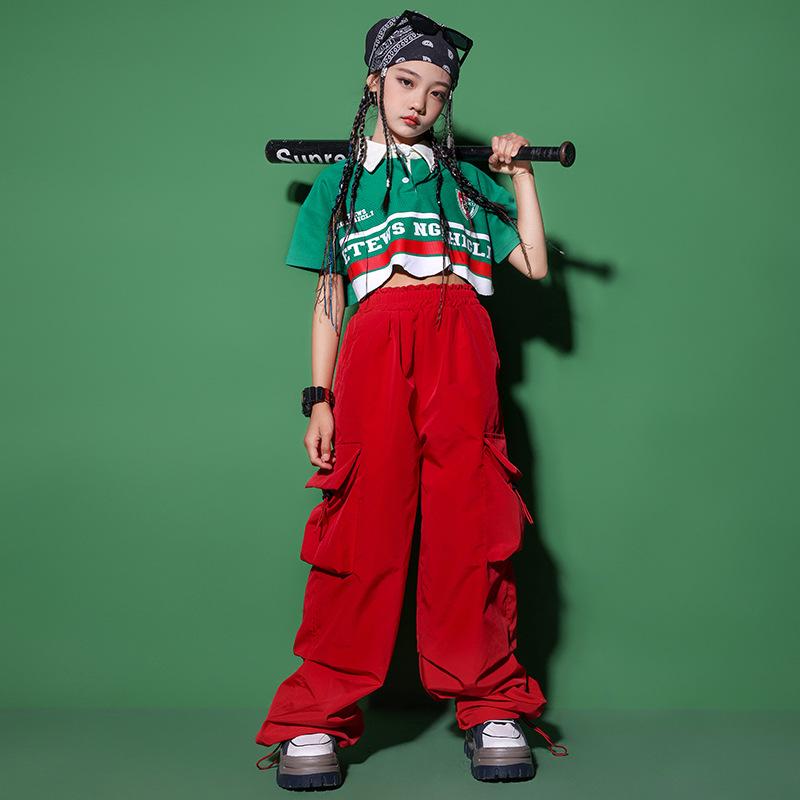 Top & Bottom Sets - 少女 ジャズ ダンス 衣装 子供 ヒップホップ パフォーマンス セット キッズ ファッション 学生 パンツ