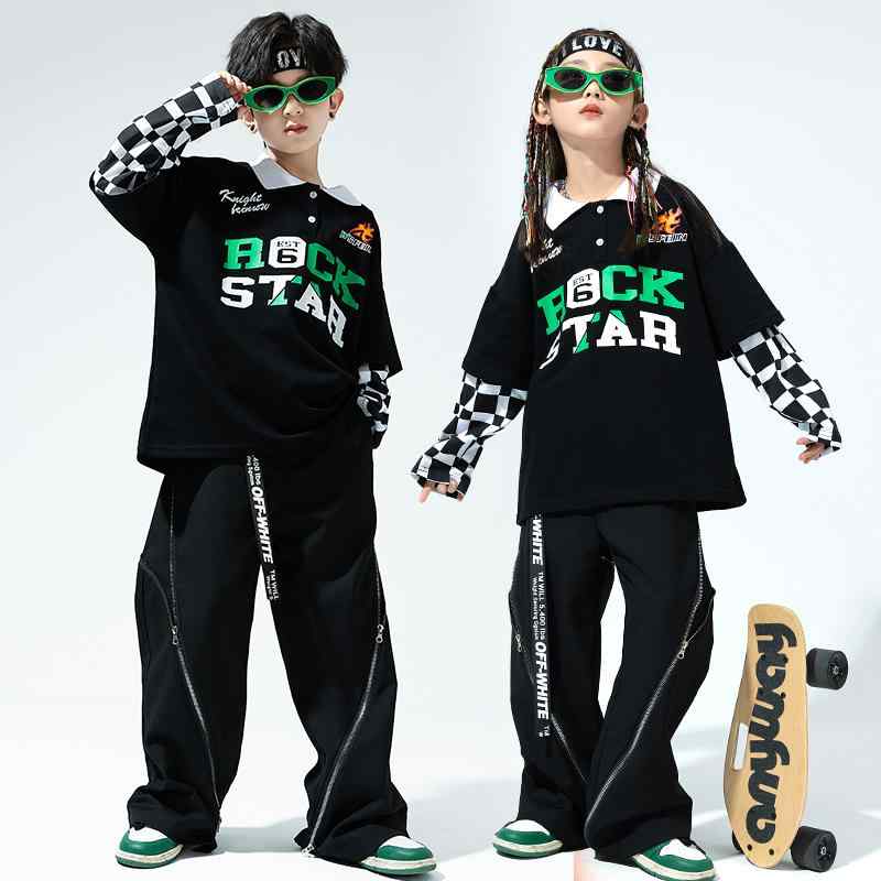 男の子 女の子 ヒップホップ ジャズ ダンス 子供 重ね着風 セット ポップ パンツ パフォーマンス トッ..