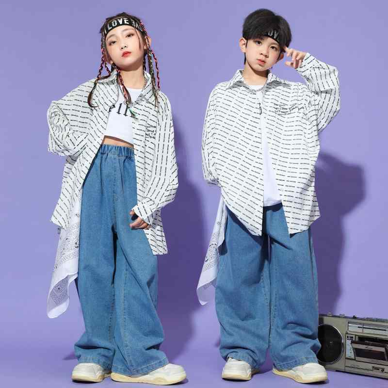 ジャズ ダンス ジーンズ セット 子供 ヒップホップ 服 パフォーマンス パンツ 長袖 シャツ 衣装 パフォーマンス Tシャツ