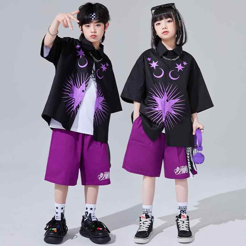 子供服 キッズ ダンスウェア ストリート ヒップホップ クール ジャズ 衣装 パープル ユニーク パフォー..