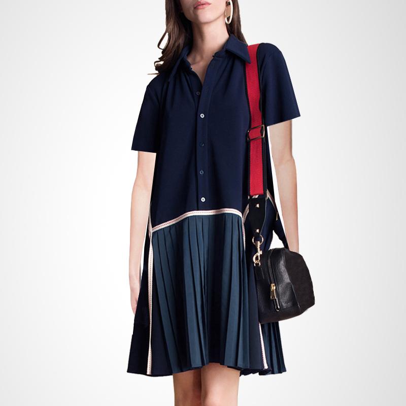 レディース ママコーデ 夏 半袖 ワンピース ドレス プリーツ フレンチ シャツ スカート ユニーク 個性 カジュアル スタイリッシュ クラシック フェミニン カバー