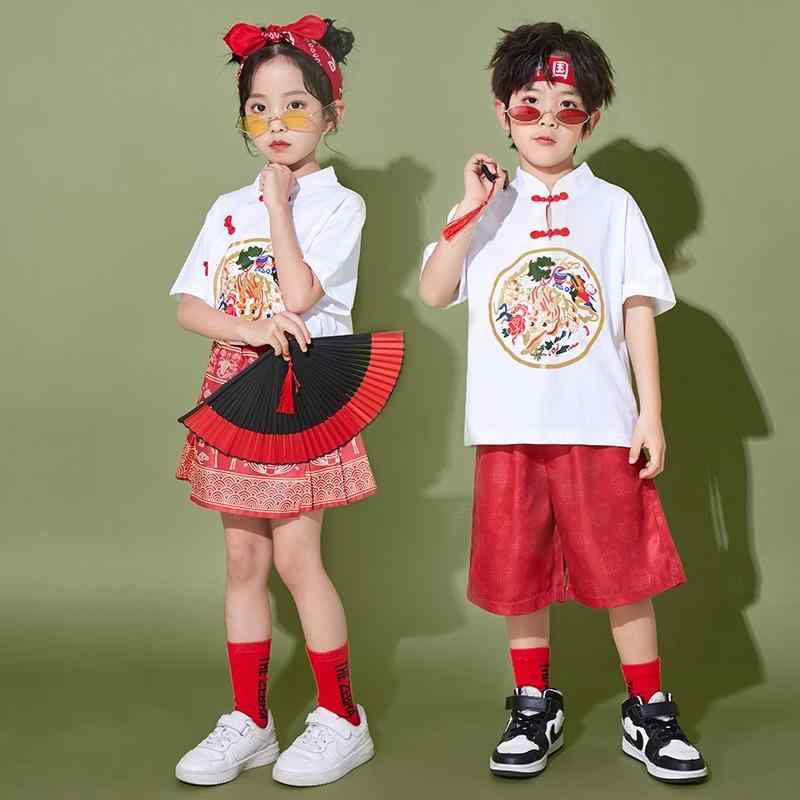 子供服 漢服 男の子 女の子 唐装 パフォーマンス チャイナ風 馬柄 スカート 半袖 衣装 チアリーディング ダンス カジュアル スタイリッシュ