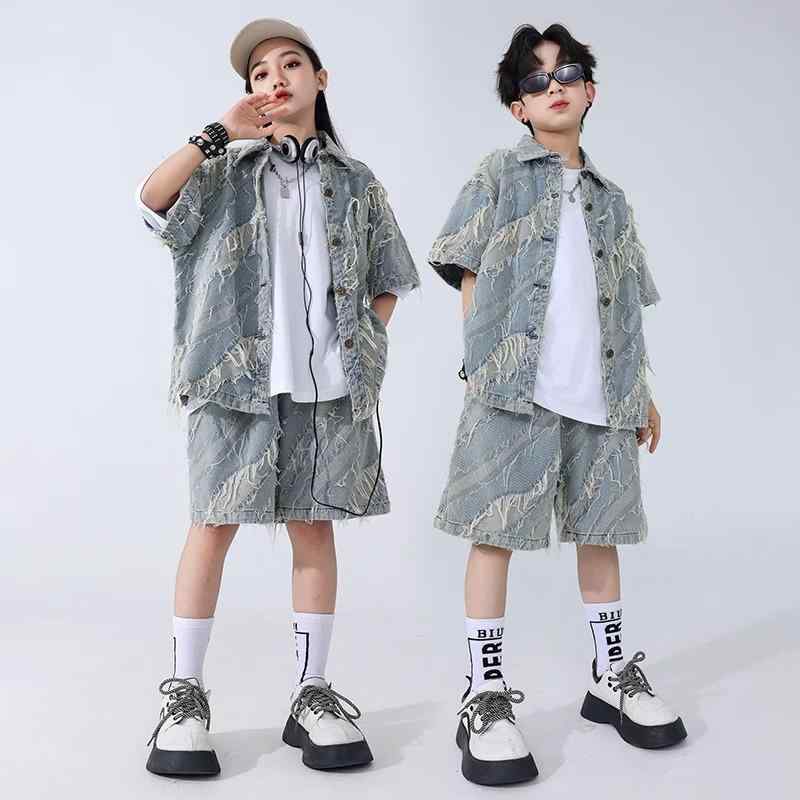 子供 ヒップホップ 男の子 デニム タッセル スーツ 女の子 ストリートダンス 子供服 夏 パフォーマンス..