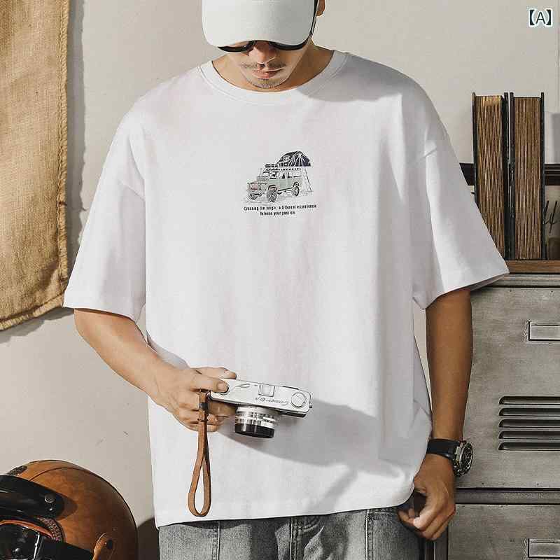 樂天商城 - Tシャツ 半袖 メンズ メンズ シャツ トップス 夏 アメリカン フロントプリント バックプリント ジープ マウンテン キャンプ アウトドア 丸首 ラウンドネック 大きめサイズ 綿 コットン レジャー カジュアル ゆったり ホワイト グレー ブラック