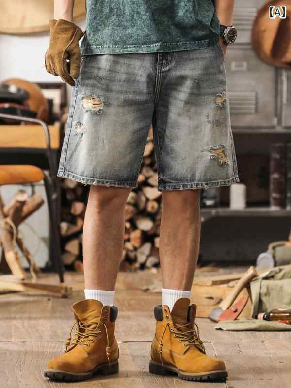 ハーフパンツ メンズ 半ズボン レジャー ハイキング アウトドア パンツ ショートパンツ 夏 アメリカン クラシック デニム ファッション ダメージ加工 大きめサイズ