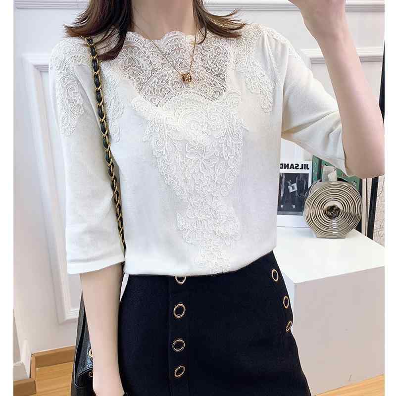 Tシャツ トップス レディース おしゃれ ファッション 半袖 夏 白 薄手 レトロ レース 刺繍 ニット 大きめサイズ ラウンドネック エレガ..