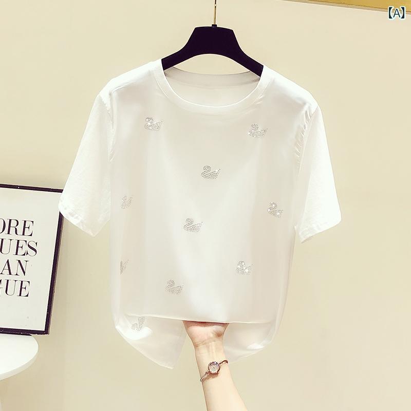 Other - Tシャツ トップス レディース おしゃれ ファッション 半袖 夏 薄手 白 韓国 五分袖 ラウンドネック 大きめサイズ カジュアル レディース ゆったり