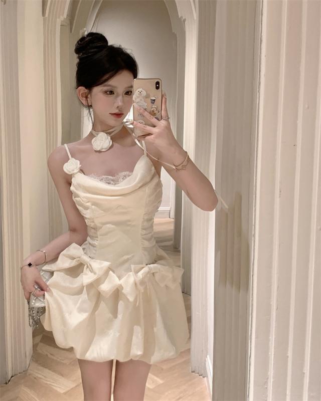 レディース ウエストリボン キャミソールドレス 夏 立体 フラワースカート 魅惑 バックレス 花 つぼみ スカート ワンピース ショートスカート