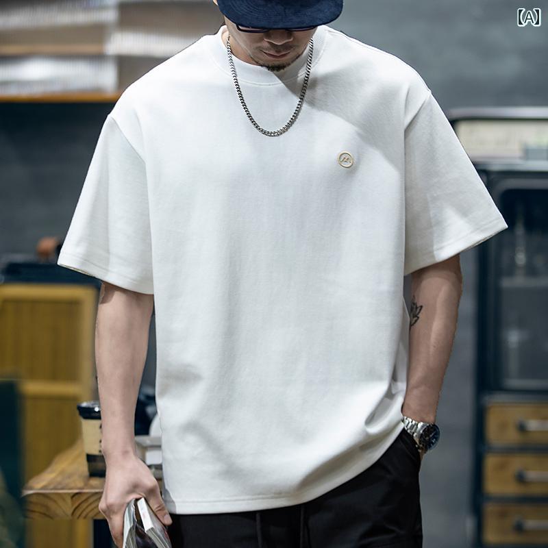 Tシャツ 夏 厚手 半袖 シャツ 高密度 刺繍 ボーイズ ゆったり 快適 ラウンドネック レジャー トップス シンプル