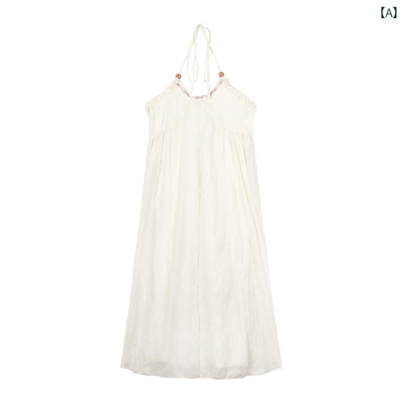レディース ファッション ホルターネック シフォン ワンピース 夏 海辺 休暇 フレンチ バック レス スカート ホワイト ロング スカート ふわふわ フェミニン