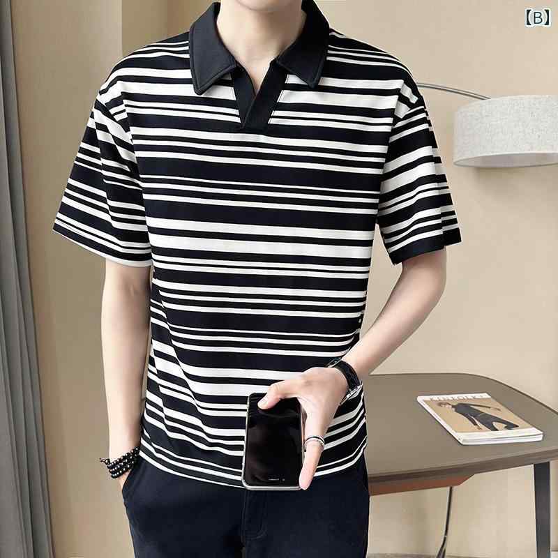 半袖 ポロシャツ ゴルフ スポーツ スタイリッシュ メンズ 紳士服 メンズ トップス 大きめサイズ レトロ ボーダー 夏 カジュアル ホワイト