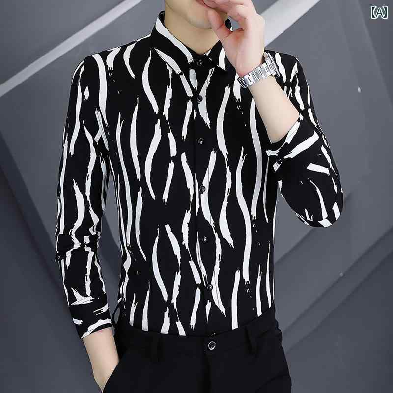 柄シャツ メンズ スリム スタイリッシュ カジュアル Yシャツ 春秋 長袖 アーバン クール オフィス 休日 紳士服