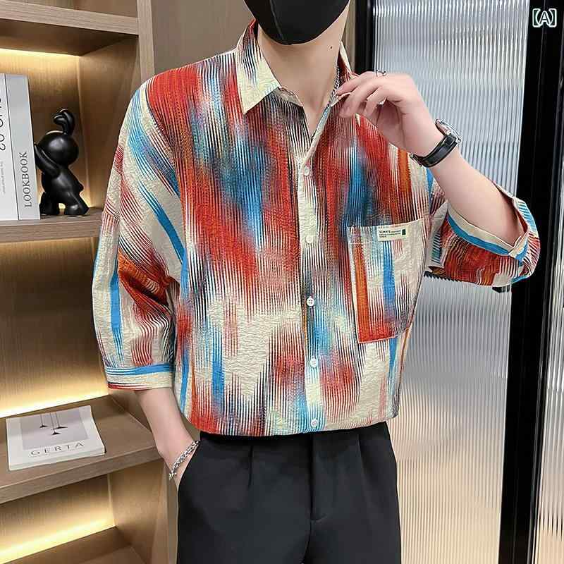 柄シャツ メンズ ファッション ひんやり 涼しい 快適 ストライプシャツ 半袖 カジュアル 七分袖 ゆったり プリント グラデーション