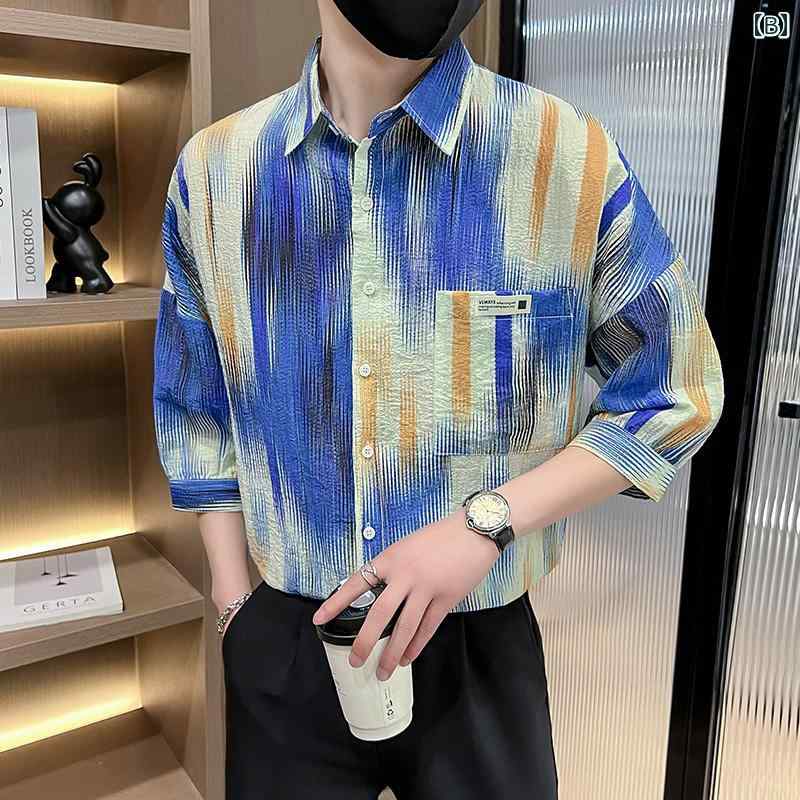 柄シャツ メンズ ファッション ひんやり 涼しい 快適 ストライプシャツ 半袖 カジュアル 七分袖 ゆったり プリント グラデーション 2
