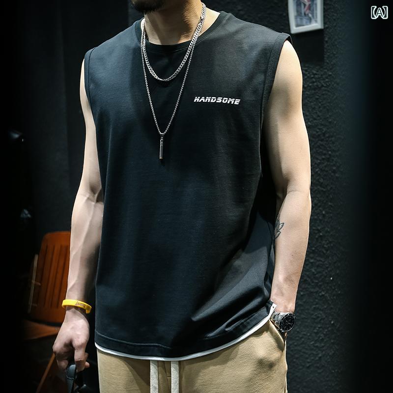 Rakuten - Tシャツ 夏 綿 フェイク ノースリーブ ベスト メンズ チョッキ 半袖 大きめサイズ スポーツ シャツ ラウンドネック プルオーバー レジャー