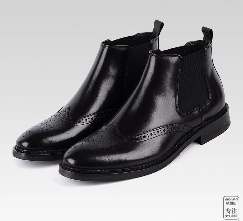 チェルシー ブーツ アメリカン レトロ ブローグ彫り サイドゴア エレガント ファッション メンズ スタイリッシュ ラウンドトゥ フォーマル ハイカット 革靴