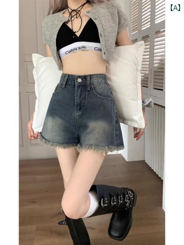 樂天商城 - アメリカ ストリート タッセル ローエッジ デニム ショート パンツ レディース 夏 ハイウエスト スリム ワイドレッグ パンツ