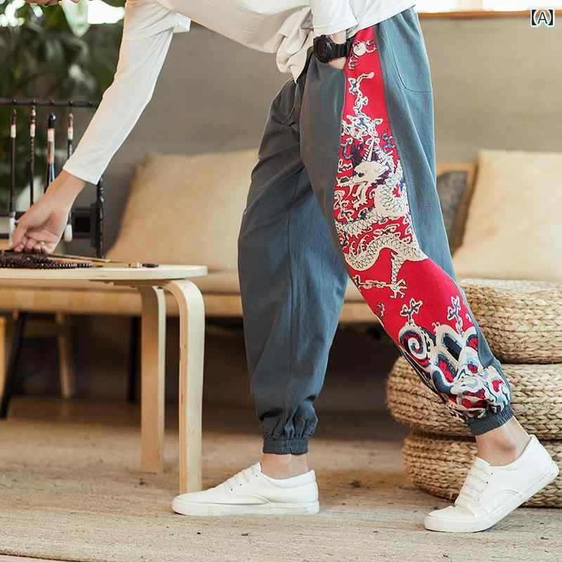 Rakuten - ドラゴン メンズ チャイナ風 中国風 エスニック メンズ 綿麻 漢服 カジュアル ロングパンツ 夏 ゆったり 格子 ストライプ プリント ミディアムローウエスト