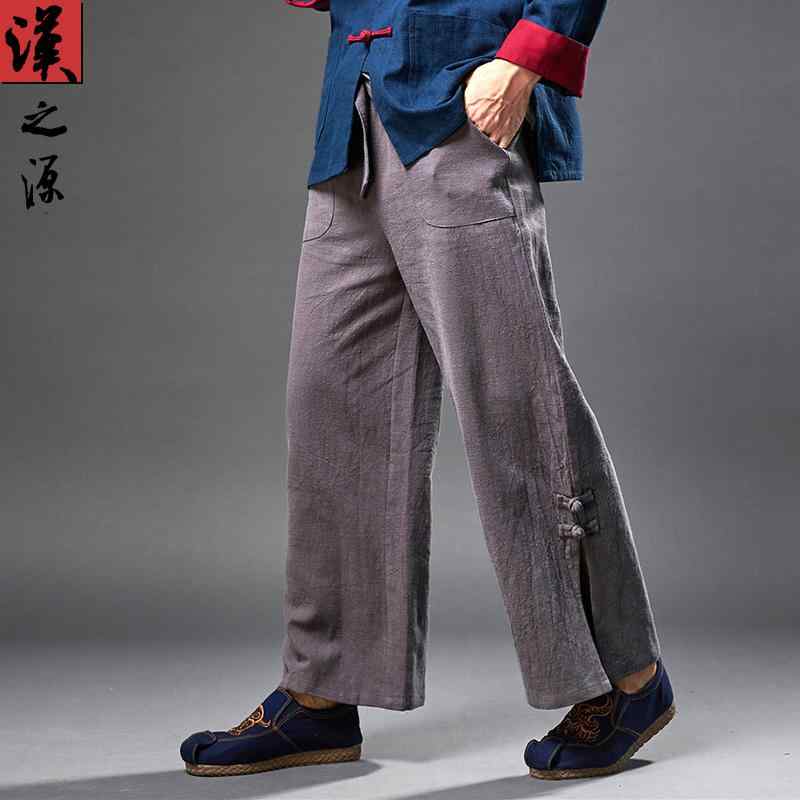 チャイナ風 メンズ ワイドレッグパンツ リネン ゴムウエスト レースアップ パンツ 快適 フレアパンツ カジュアルパンツ