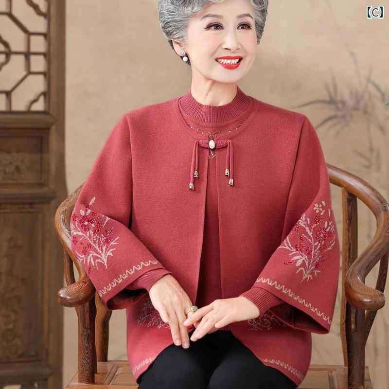 婦人服 レディース セーター ニット カーディガン トップス パンツ ズボン セット シニア 伝統 秋 秋冬 チャイナ風 セットアップ secure-depo-11059287 セキュアデポ サンプル画像3