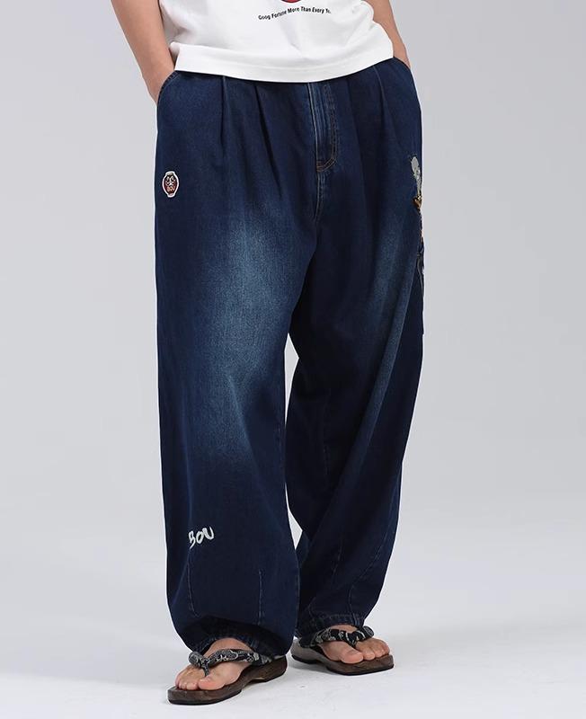 デニムパンツ メンズ カジュアル 冬 刺繍 ダルマ カジュアル アウトドア ポケット ジッパー ロングズボン アニマル おしゃれ