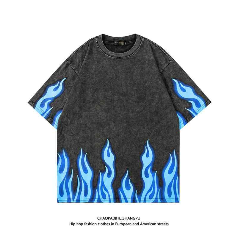 メンズ レディース アメリカン ヒップホップ ブルー フレーム プリント 半袖 Tシャツ カップル 半袖 T..