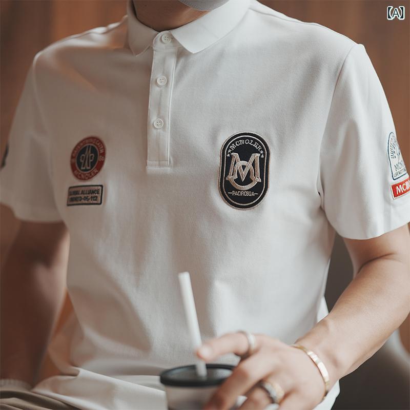 ポロシャツ アメリカ 刺繍 メンズ 夏 通気性 カジュアル 半袖 Tシャツ ノーアイロン シンプル メンズ 黒 白 ブラック ホワイト