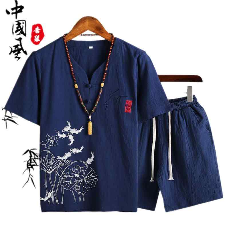 チャイニーズ メンズ ファッション トップス シャツ スーツ セット ショート パンツ ズボン レトロ チャイナ風 唐装 メンズ 漢服 カジュアル 半袖 夏