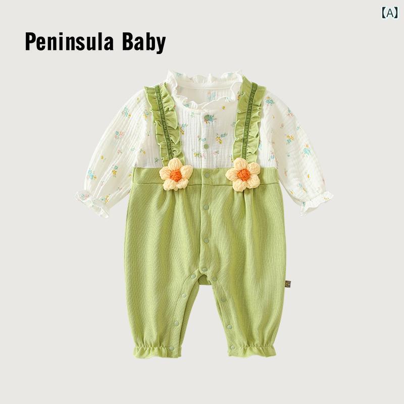ロンパース ジャンプスーツ ワンピース 赤ちゃん品 おしゃれ かわいい 春秋生児 子供 グリーン 長袖 女の子 フラワー フリル 花柄