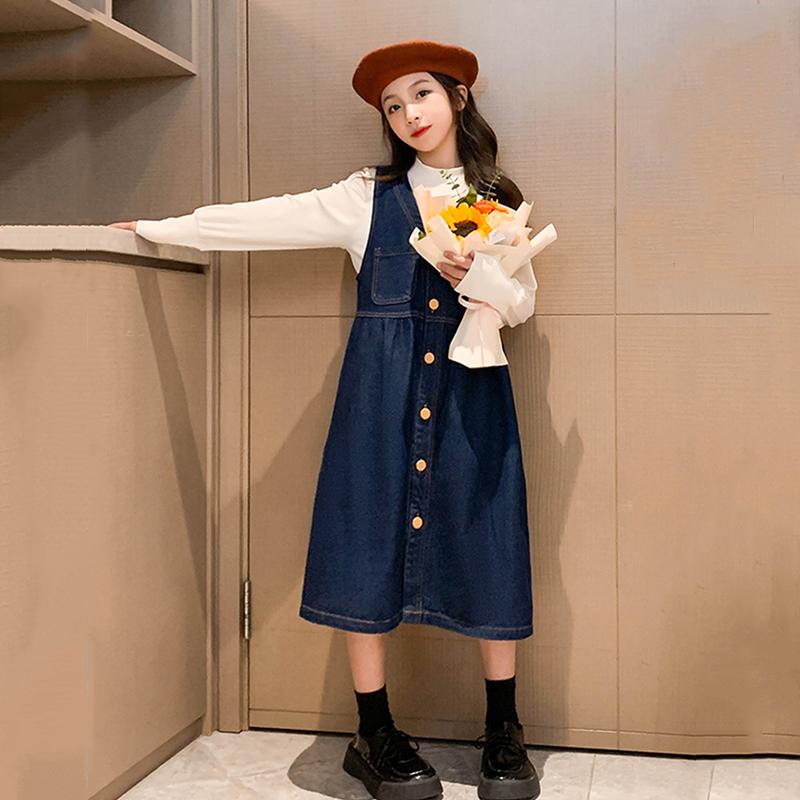 ワンピース デニム シャツ トップス 女の子 キッズ 子供 おしゃれ ファッション カジュアル 長袖 ドレス 春秋 セット 女の子 シンプル サロペット